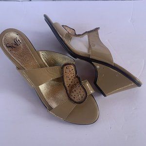 Womens Sofft Beige Patent Leather Slide On Heeled Sandals